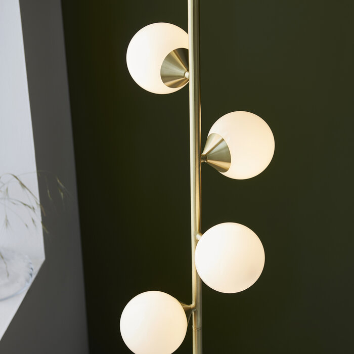 Rae - Satin Brushed Gold Floor Light with Gloss White Glass Shades