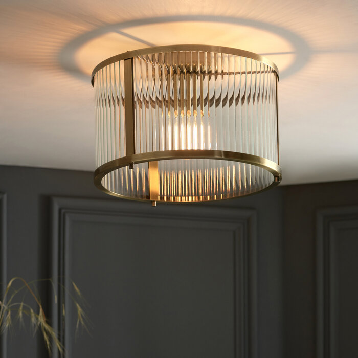 Morgan - Flush Low Ceiling Ribbed Glass and Brass Light