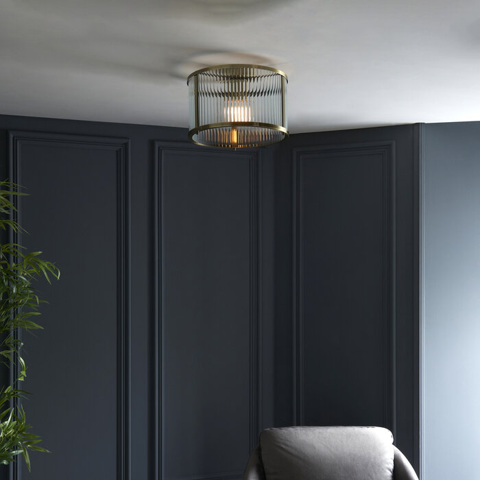 Morgan - Flush Low Ceiling Ribbed Glass and Brass Light