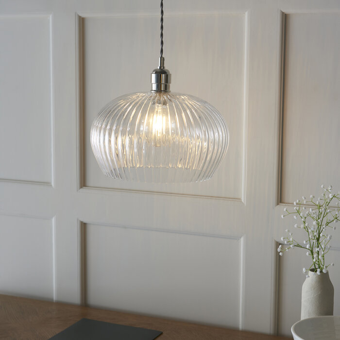 Bettina - Ribbed Clear Glass and Nickel Pendant - Medium