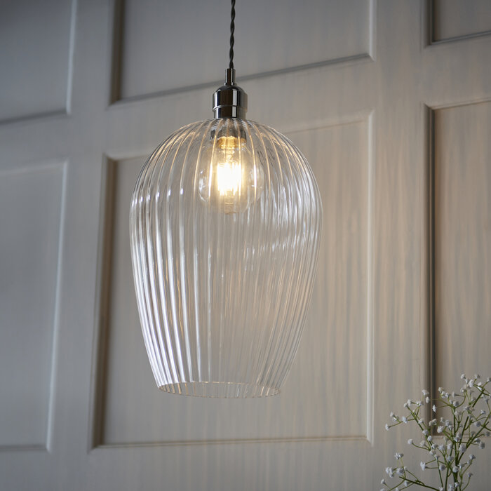 Bettina - Ribbed Clear Glass and Nickel Pendant - Large