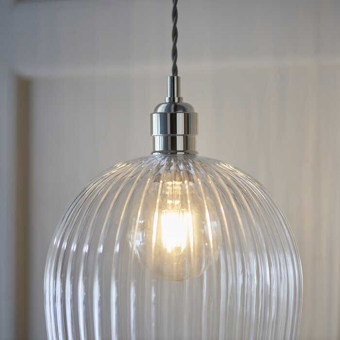 Bettina - Ribbed Clear Glass and Nickel Pendant - Large