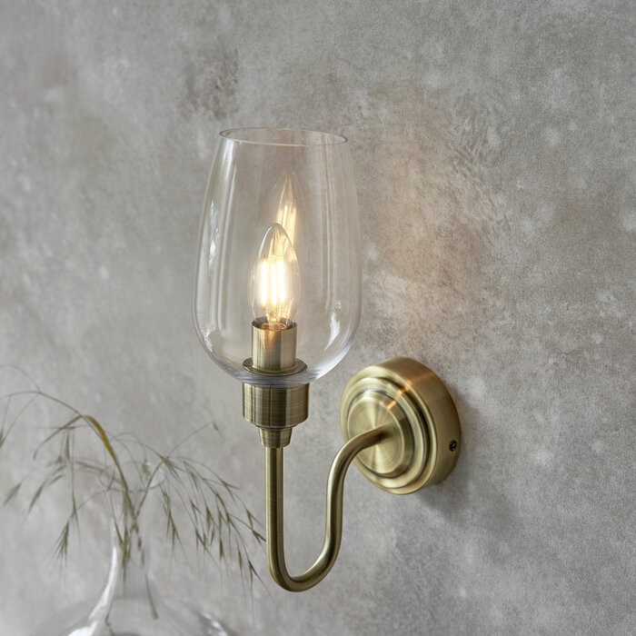 Rupert - Antique Brass Swan Neck Wall Light with Clear Glass