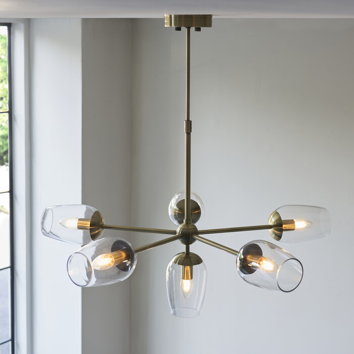Rupert - Antique Brass 6 Light Pendant with Clear Glass and Adjustable Stem