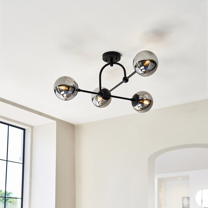 Scalby -  Mid Century Semi-Flush Ceiling Light with Smoked Glass - Matt Black