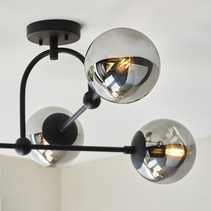 Scalby -  Mid Century Semi-Flush Ceiling Light with Smoked Glass - Matt Black