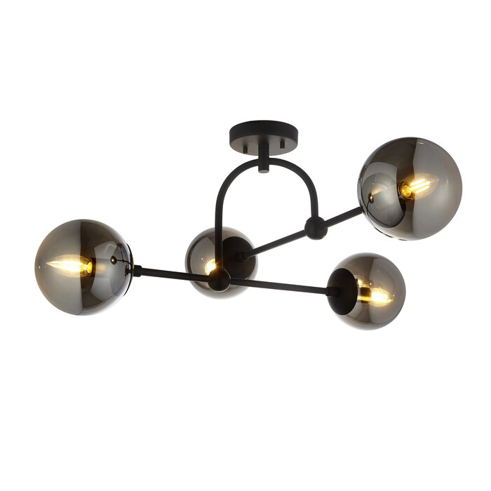 Scalby -  Mid Century Semi-Flush Ceiling Light with Smoked Glass - Matt Black