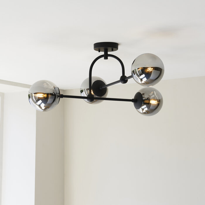 Scalby -  Mid Century Semi-Flush Ceiling Light with Smoked Glass - Matt Black