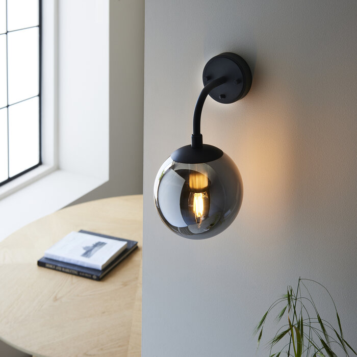 Scalby - Mid Century Modern Wall Light with Smoked Glass - Matt Black