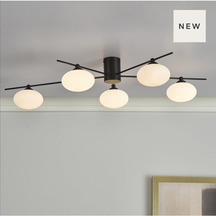 Black Semi Flush Ceiling Light – Robin - Mid Century Modern Opal Glass