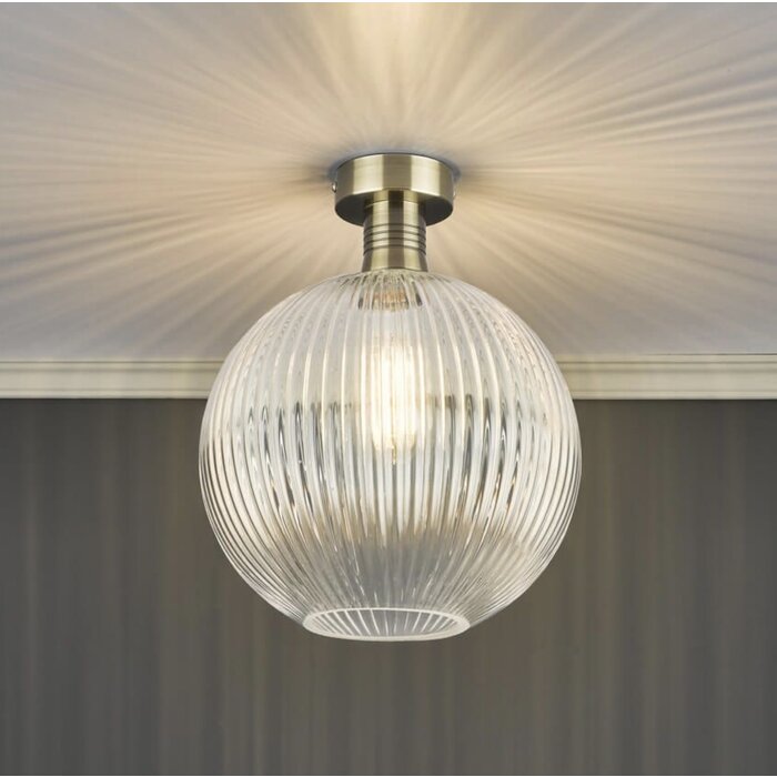 Emma - Brass and Round Ribbed Glass Semi Flush Ceiling Light