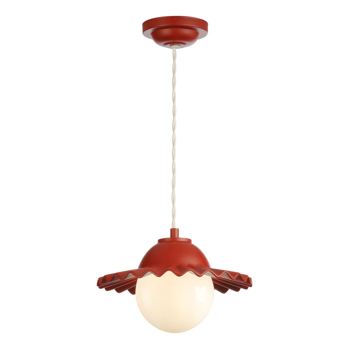 Pop - Ruffled Skirted Single Pendant in Strawberry Red & Opal Shade - David Hunt Lighting