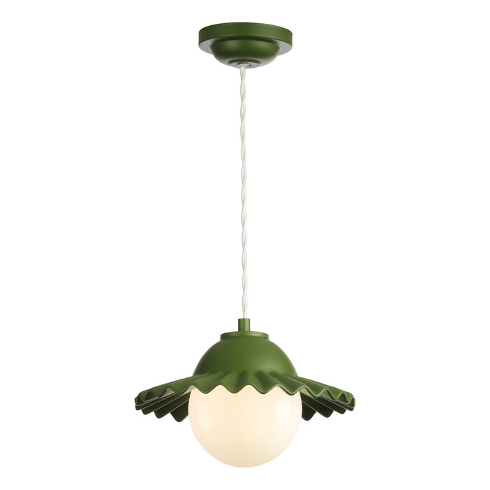 Pop - Ruffled Skirted Single Pendant in Juniper Green & Opal Shade - David Hunt Lighting