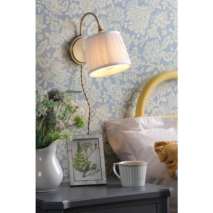 Hemsley - Plug in Wall Light - Antique Brass Wall Light with Ivory Silk Shade - Laura Ashley