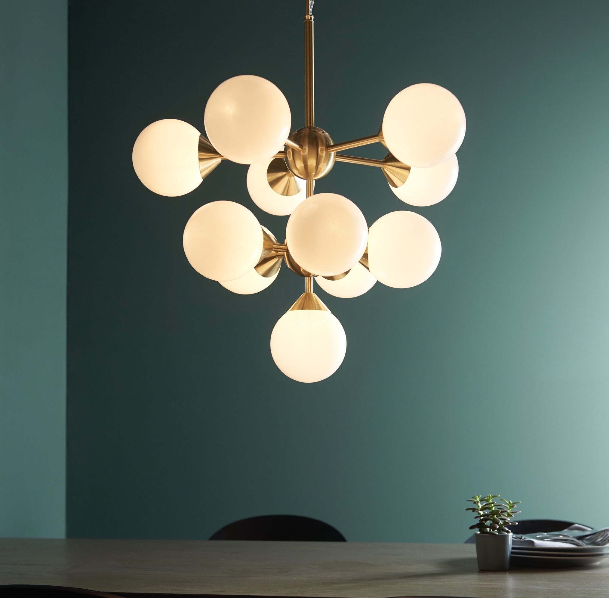 Arne Mid Century Opal Globe Feature Light Brushed Brass Lightbox