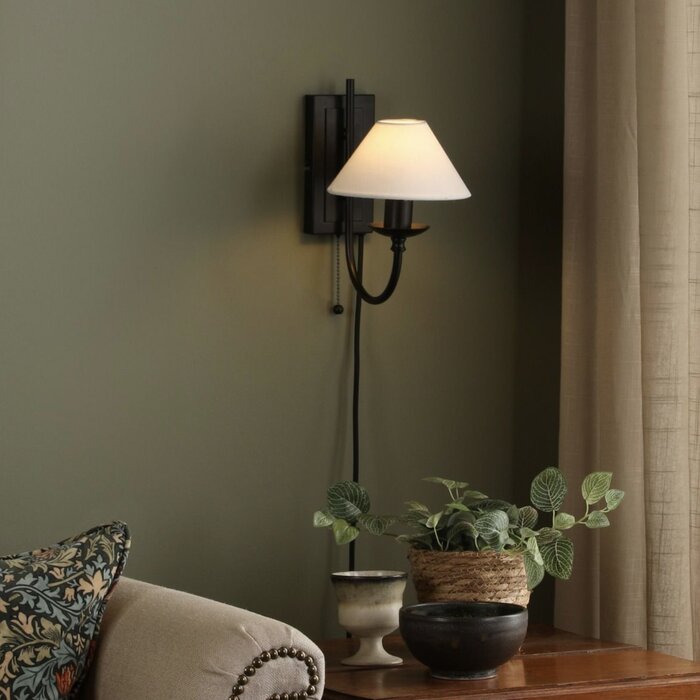 Siran - Black Plug In Wall Light with White Linen Shade
