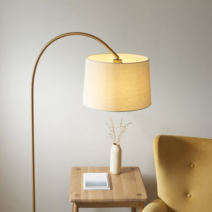 Carlton - Modern Arc Brass Floor Lamp - with Natural Fabric Shade