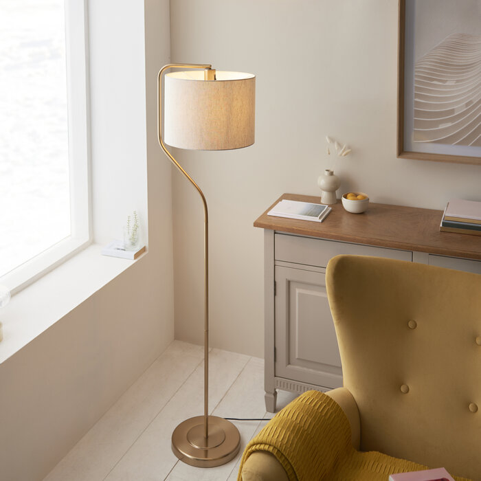 Clement - Brushed Brass Floor Lamp with Linen Shade – Reading Light for Living Rooms