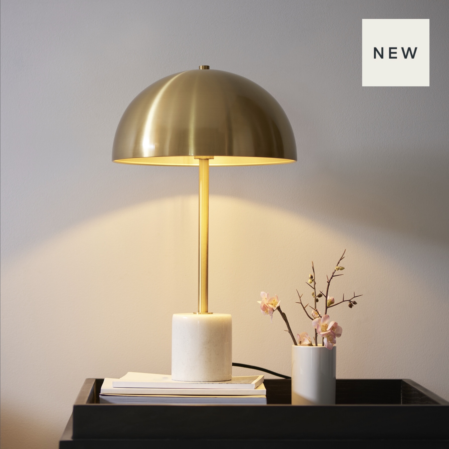 Astra Mid Century Brass Dome Table Lamp with Marble Lightbox