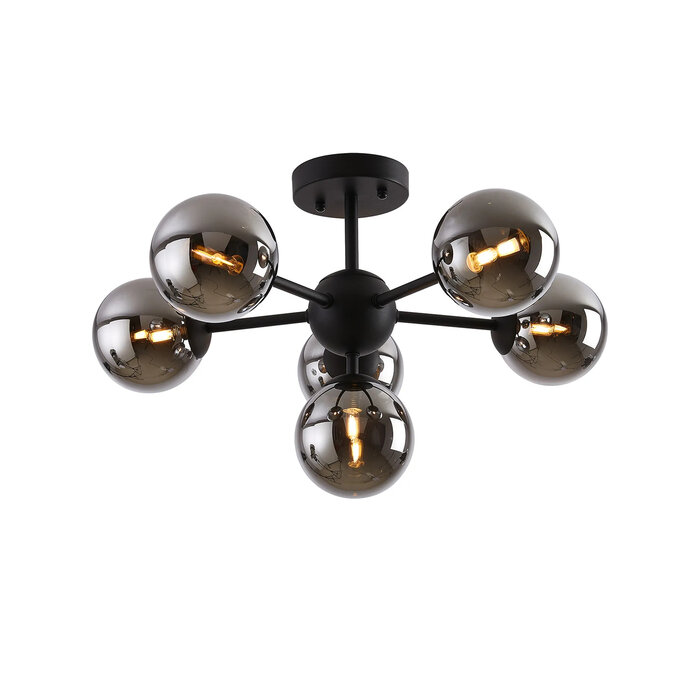 Regal - 6 Light Semi Flush Ceiling Light - Black & Smoked Glass Shades