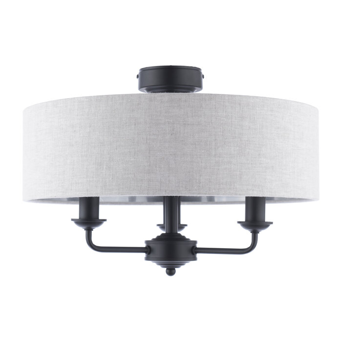 Sorrento - 3 Light Semi-Flush Ceiling Light Matt Black & Natural Shade - Laura Ashley
