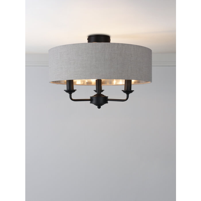 Sorrento - 3 Light Semi-Flush Ceiling Light Matt Black & Natural Shade - Laura Ashley