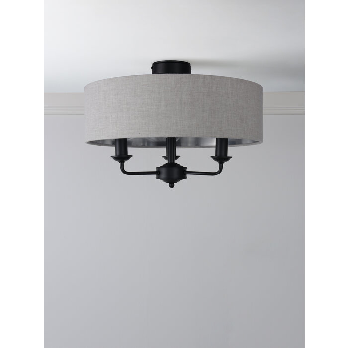 Sorrento - 3 Light Semi-Flush Ceiling Light Matt Black & Natural Shade - Laura Ashley