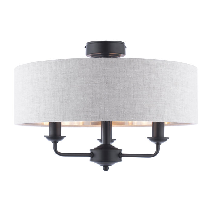 Sorrento - 3 Light Semi-Flush Ceiling Light Matt Black & Natural Shade - Laura Ashley