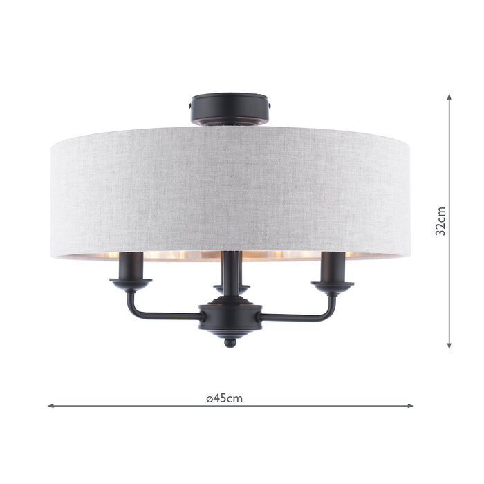 Sorrento - 3 Light Semi-Flush Ceiling Light Matt Black & Natural Shade - Laura Ashley