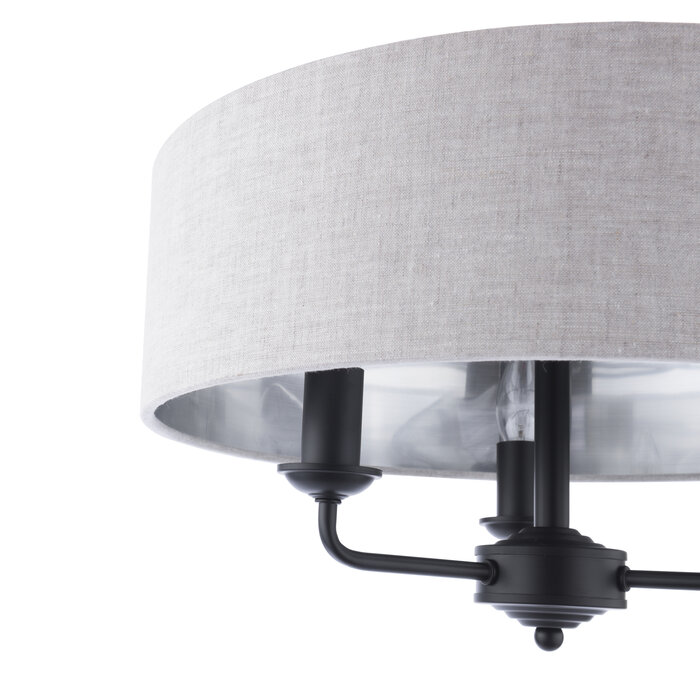 Sorrento - 3 Light Semi-Flush Ceiling Light Matt Black & Natural Shade - Laura Ashley