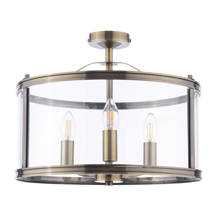 Harrington - 3 Light Semi-Flush Ceiling Light Antique Brass & Glass - Laura Ashley