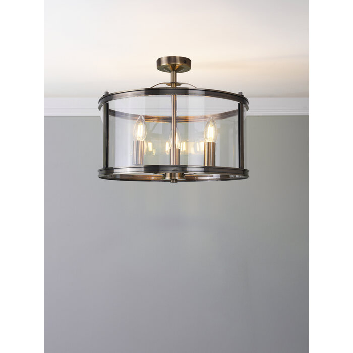 Harrington - 3 Light Semi-Flush Ceiling Light Antique Brass & Glass - Laura Ashley