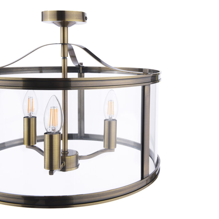 Harrington - 3 Light Semi-Flush Ceiling Light Antique Brass & Glass - Laura Ashley