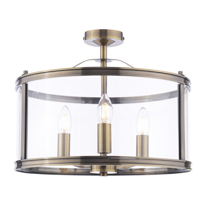 Harrington - 3 Light Semi-Flush Ceiling Light Antique Brass & Glass - Laura Ashley