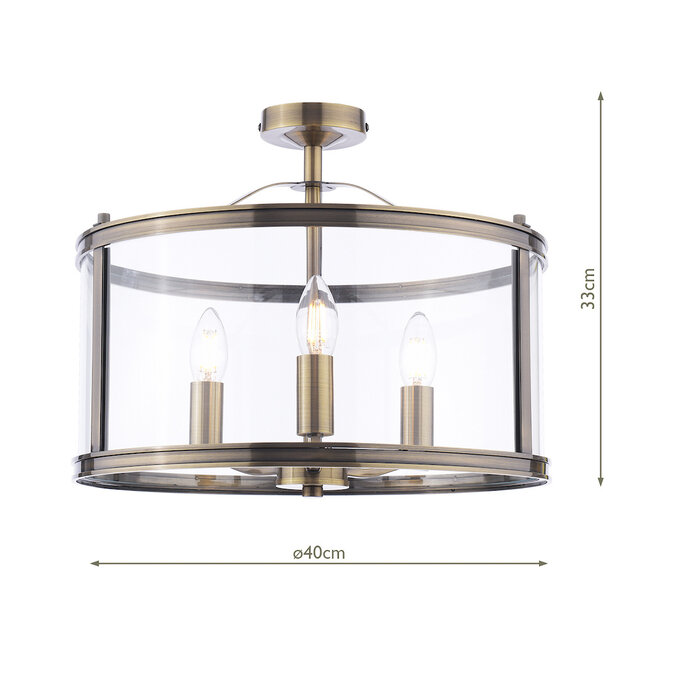 Harrington - 3 Light Semi-Flush Ceiling Light Antique Brass & Glass - Laura Ashley