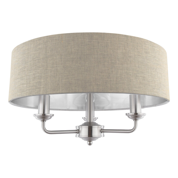 Sorrento - 3 Light Semi-Flush Ceiling Light Satin Nickel & Natural Shade - Laura Ashley
