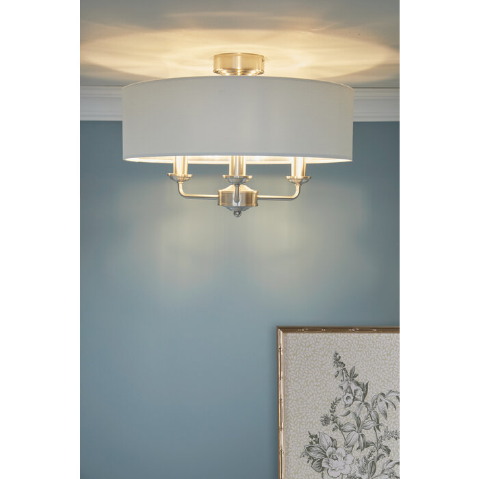 Sorrento - 3 Light Semi-Flush Ceiling Light Satin Nickel & Natural Shade - Laura Ashley