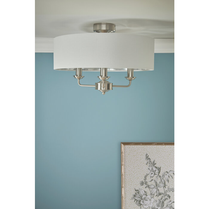 Sorrento - 3 Light Semi-Flush Ceiling Light Satin Nickel & Natural Shade - Laura Ashley