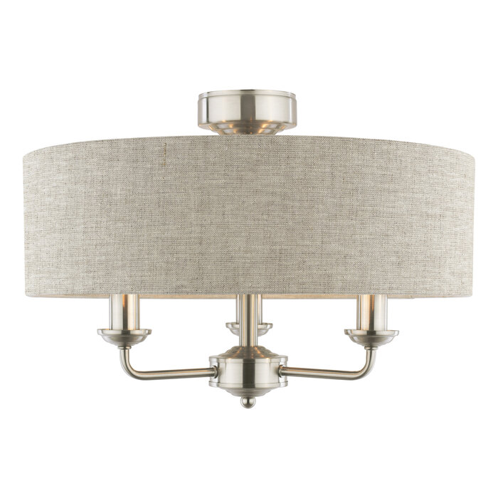 Sorrento - 3 Light Semi-Flush Ceiling Light Satin Nickel & Natural Shade - Laura Ashley