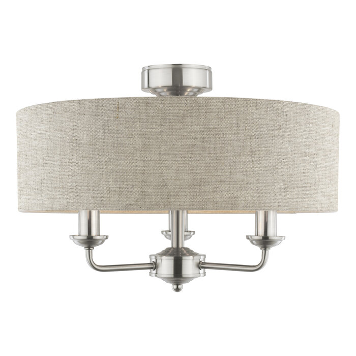 Sorrento - 3 Light Semi-Flush Ceiling Light Satin Nickel & Natural Shade - Laura Ashley