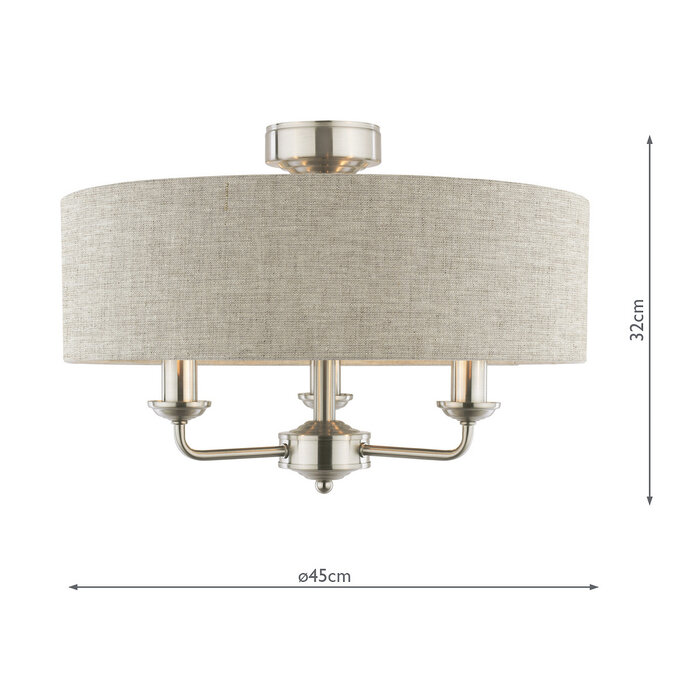 Sorrento - 3 Light Semi-Flush Ceiling Light Satin Nickel & Natural Shade - Laura Ashley