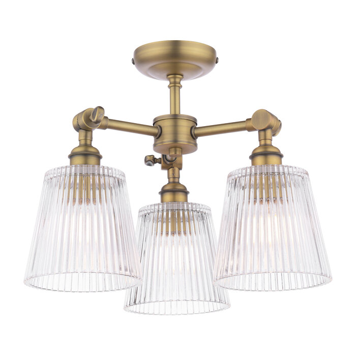 Callaghan - 3 Light Semi Flush Ceiling Light - Antique Brass & Ribbed Glass - Laura Ashley