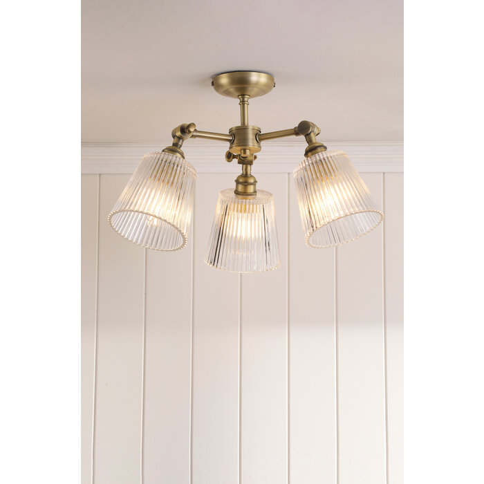 Callaghan - 3 Light Semi Flush Ceiling Light - Antique Brass & Ribbed Glass - Laura Ashley