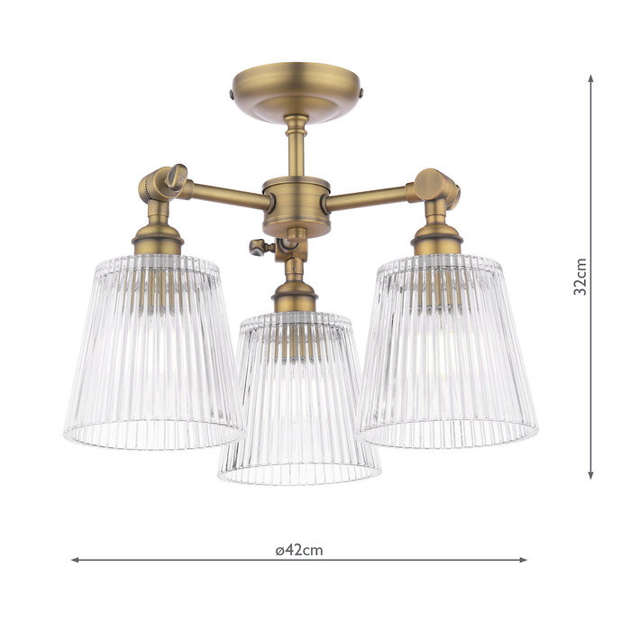 Callaghan - 3 Light Semi Flush Ceiling Light - Antique Brass & Ribbed Glass - Laura Ashley