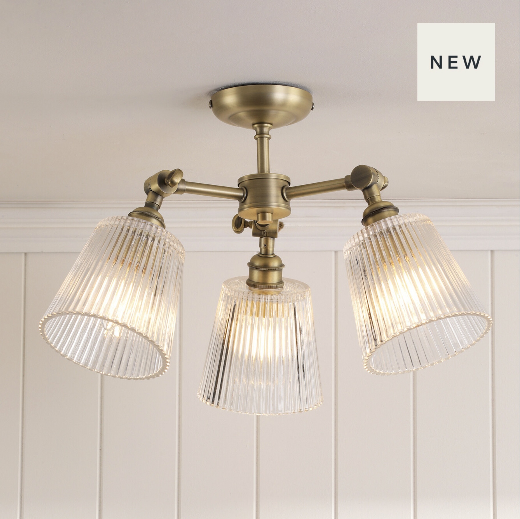 Callaghan Light Semi Flush in Antique Brass Ribbed Glass