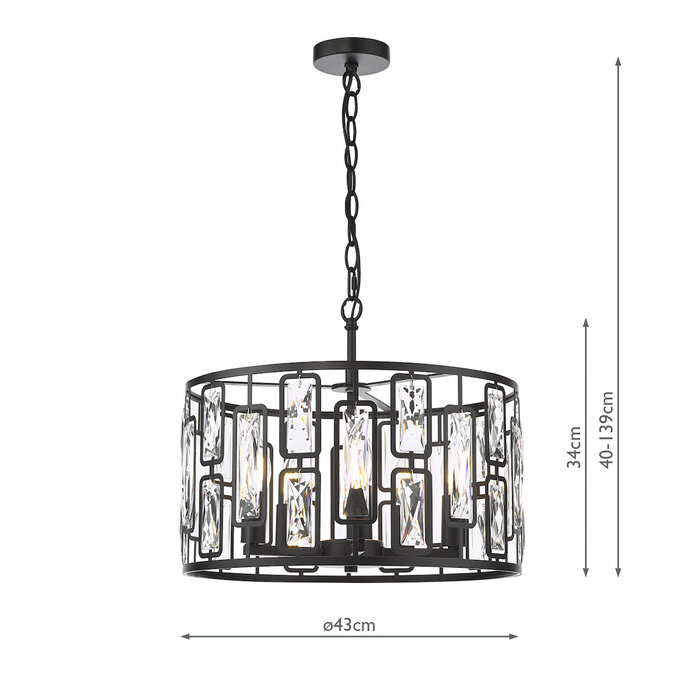 Nikko – 5 Light Crystal Ceiling Light - Matt Black and Crystal
