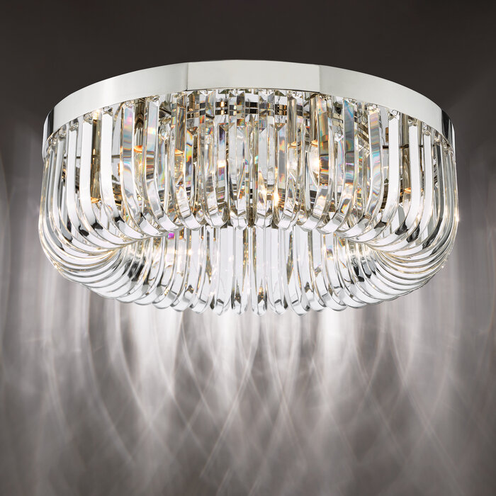 Hikari – 6 Light Flush Crystal Glass Chandelier – Polished Nickel and Crystal