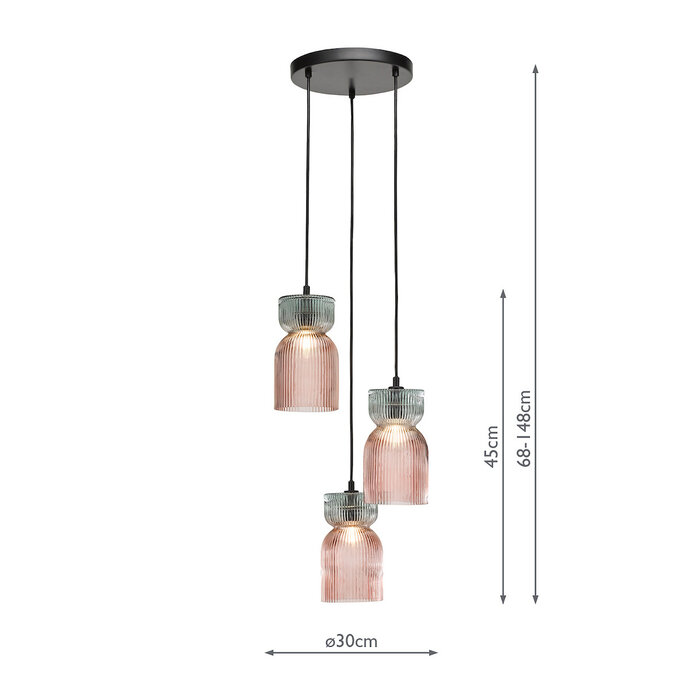 Sakura – 3 Light Ceiling Light – Pink and Green Ribbed Glass