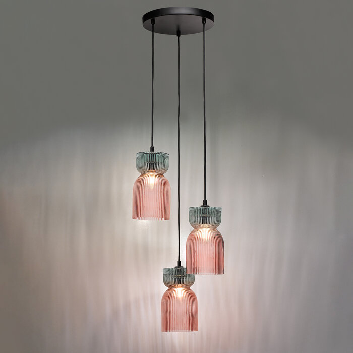 Sakura – 3 Light Ceiling Light – Pink and Green Ribbed Glass