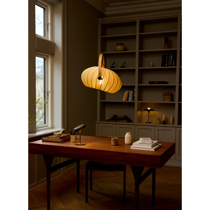 Skov Adjustable Scandi Pendant  - Oak & Green Fabric